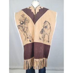 Mexican-made Western-style Leather Poncho w Fringe Cowboy and Horse Design
